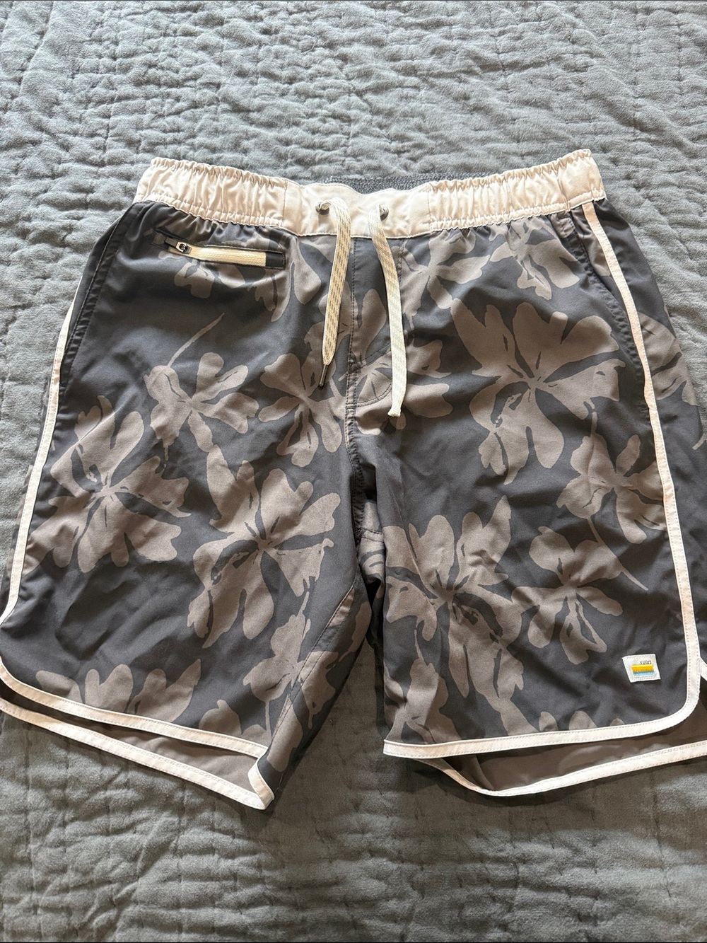 Vuori Gray Floral Swim Board Shorts with Cream Waistband